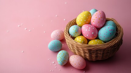 Colorful Easter Basket with Pink Background and Decorative Eggs