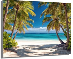 A beautiful tropical beach with palm trees and clear blue water, perfect for a vacation or travel photography