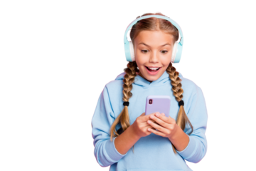 Amazing sound! Photo of pretty small lady holding telephone hands turning on popular song in earflaps wear casual blue hoodie pullover isolated pastel pink color background