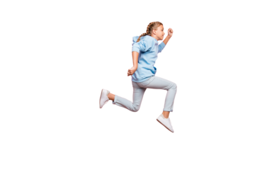 Full length profile photo of pretty little lady jumping high running to finish line champion spirit believe in victory wear casual outfit isolated pastel pink color background