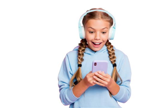 Amazing sound! Photo of pretty small lady holding telephone hands turning on popular song in earflaps wear casual blue hoodie pullover isolated pastel pink color background