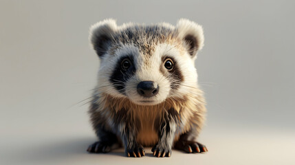 Fototapeta premium A charming raccoon with a distinctive black mask and fluffy fur sits against a plain background gazing forward