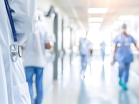 A medical personnel-filled hospital corridor, showcasing busy activity, with blurred figures of doctors and nurses in motion.