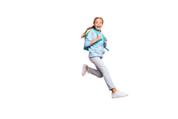 Full body profile photo of pretty little lady jumping high walking 1 september to school wear pupil backpack casual sweater clothes isolated pink color background