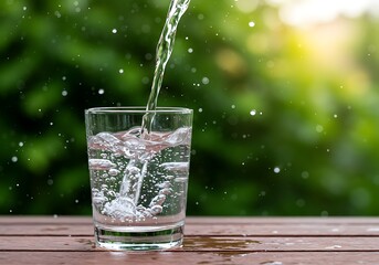 Refreshing water pours into a glass outdoors sunny day nature background pure hydration clear glass