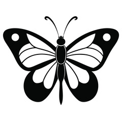 A simple, stylized black and white butterfly illustration. Symmetrical wings, circular markings, and detailed body. Clean lines create an elegant design.