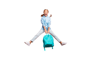 Summer! Full size photo of pretty little lady jumping high enjoy last studying day wear teal pupil backpack casual sweater clothes isolated pink color background