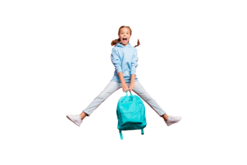 Summer! Full size photo of pretty little lady jumping high enjoy last studying day wear teal pupil backpack casual sweater clothes isolated pink color background