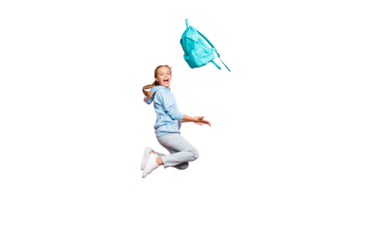 Full length body size side profile photo of cheerful casual overjoyed nice cute girl wearing blue sweatshirt sweater hoodie jeans denim catching her rucksack isolated jumping pastel color background