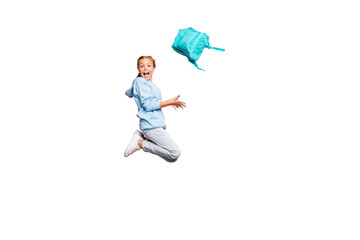 Full length photo of pretty little lady jumping high go home after studying week throwing pupil backpack up air wear casual clothes isolated pink color background