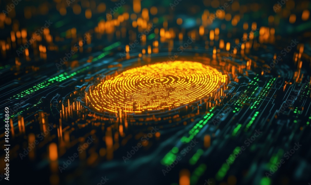 Poster digital fingerprint representation with glowing orange patterns and green data streams