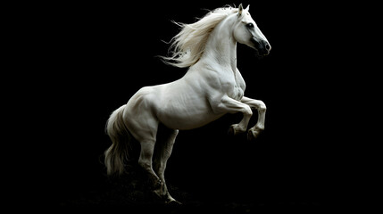 Fototapeta premium A striking white horse rearing up on its hind legs against a stark black background in dramatic lighting