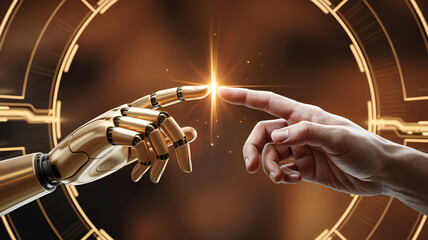 Digital age unfolds as a human hand meets a gleaming robot's touch in an electrifying connection illuminating the convergence of mankind and artificial intelligence.