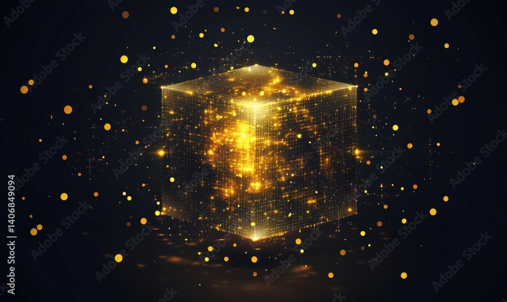 Aufkleber glowing golden cube with sparkling particles in dark background for digital art