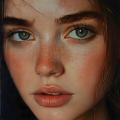 Fototapeta premium Captivating Portrait of a Woman with Striking Green Eyes and Freckles