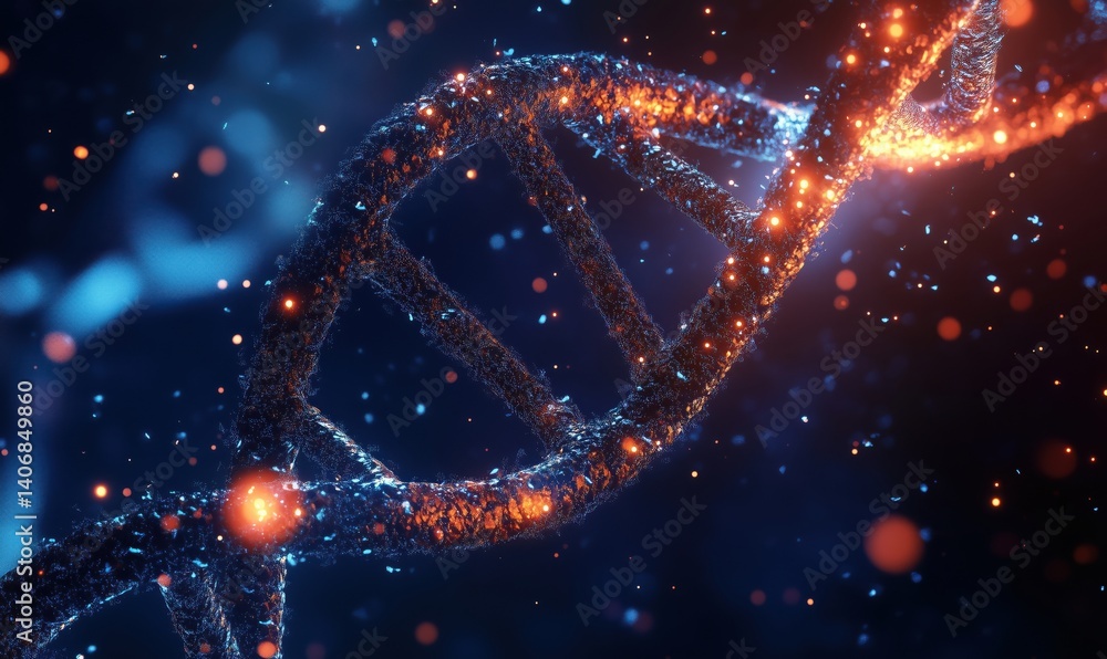 Poster 3d rendering of dna double helix structure with glowing particles and vibrant colors