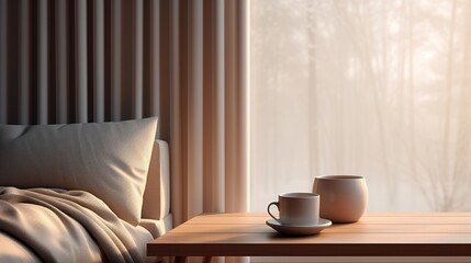 Cozy bedroom interior with cup of coffee overlooking winter forest at sunrise. Ai generative