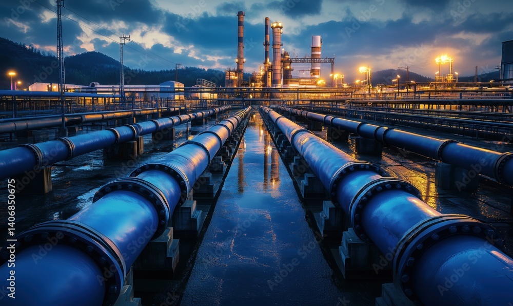 Poster industrial pipeline system at dusk with illuminated factory and cloudy sky