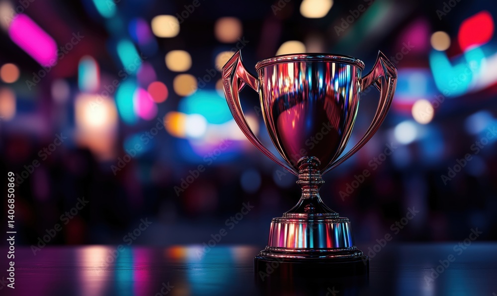 Poster shiny trophy on display with colorful bokeh background in celebration atmosphere