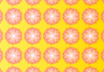 Repeating Pattern of Circular Floral Motifs with Soft Orange and Pink Petals Overlaid on a Bright Yellow to Pale Yellow Background