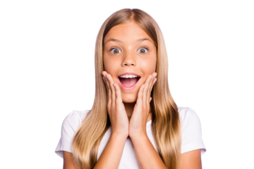 Omg Unbelievable bargain! Close up photo of positive cheerful kid hear incredible news about sales wonder scream wow touch her cheeks feel impressed wear style outfit isolated violet color background
