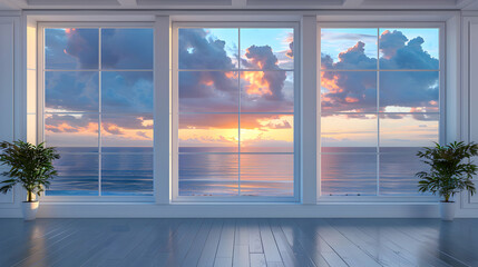 Interior view of three white framed windows overlooking ocean sunset with potted plants on each side