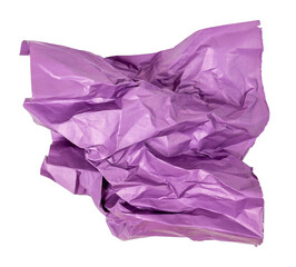 Isolated crumpled sheet of purple paper on white background