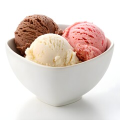 Ice cream scoops in bowl: vanilla, chocolate, strawberry flavors for dessert photography
