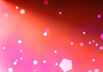Vibrant Background Featuring a Smooth Blend of Deep Red and Bright Pink Hues Adorned with Floating, Glowing Five-Sided Shapes