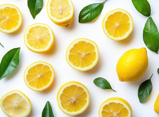 Fresh Yellow Lemons and Green Leaves on White Background with Bright Natural Light for Food and Cooking Concepts
