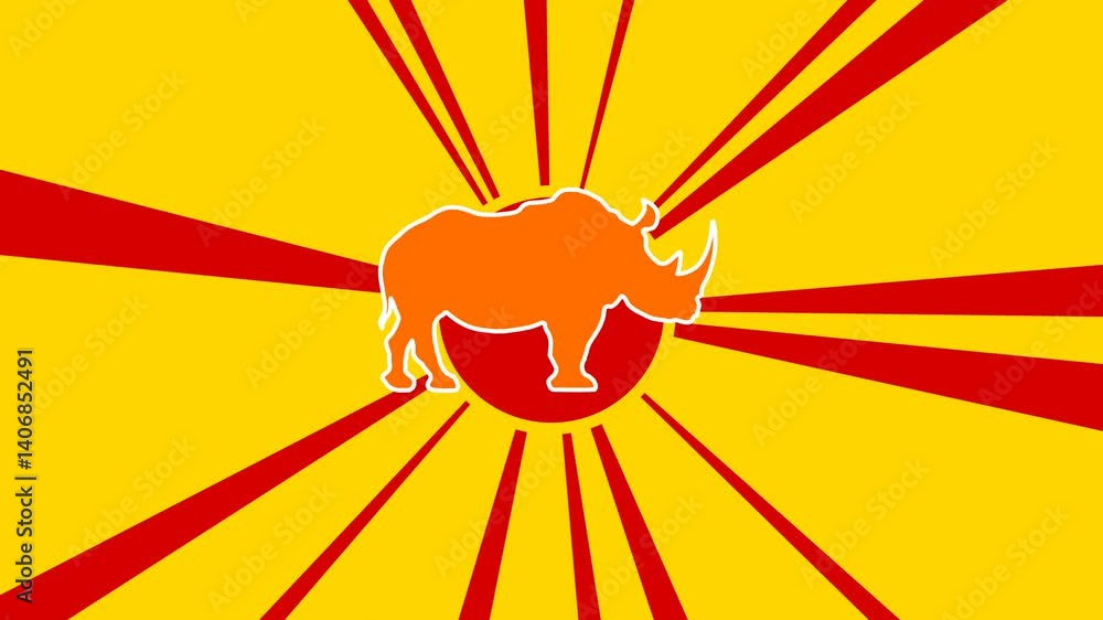 Poster rhino symbol on the background of animation from moving rays of the sun. large orange symbol increas