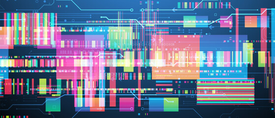 Technological background with colorful squares glowing on a blue gradient.