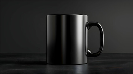 A sleek black mug with a curved handle sits on a dark surface against a muted grey background wall