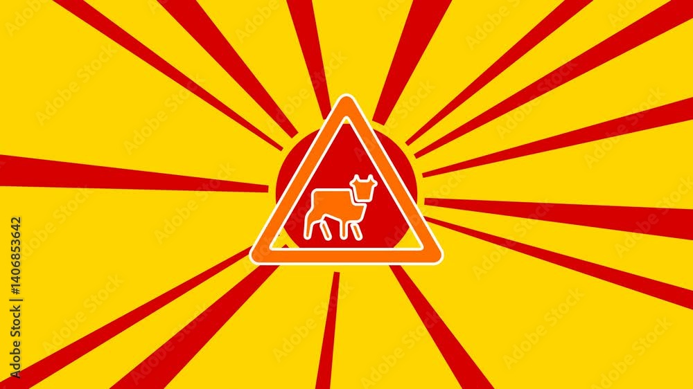 Poster pets road sign on the background of animation from moving rays of the sun. large orange symbol incre