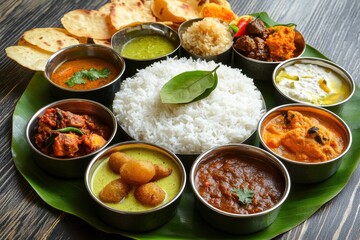 Overhead view of indian thali meal with rice and various curry dishes served