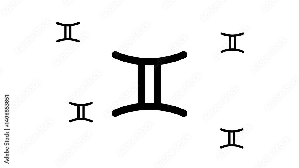 Poster zoom in and out animation the zodiac gemini symbol. large black symbol in the center and four small 