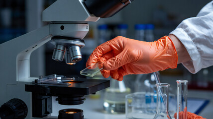 Gloved hand delicately places a sample slide onto the microscope stage ready for observation in a well-equipped laboratory research exploration discovery.