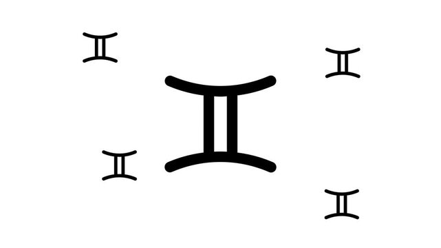 Zoom in and out animation the zodiac gemini symbol. Large black symbol in the center and four small symbols around. Seamless looped 4k animation on white background