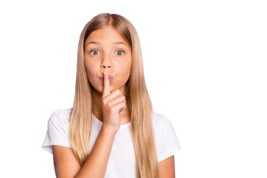 Close up photo of cute amazed shocked kid put index finger near lips say keep secret it is confidential news dont share wear style lifestyle outfit isolated over purple violet color background - Powered by Adobe