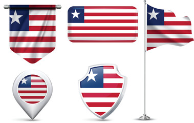Set of Liberia Flags in Different Shapes and Styles