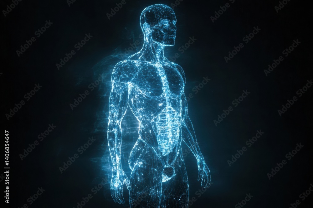Poster futuristic anatomical visualization showcasing a translucent human silhouette with a glowing muscle 