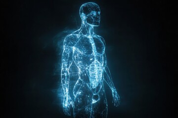 Futuristic anatomical visualization showcasing a translucent human silhouette with a glowing muscle system in a dark environment