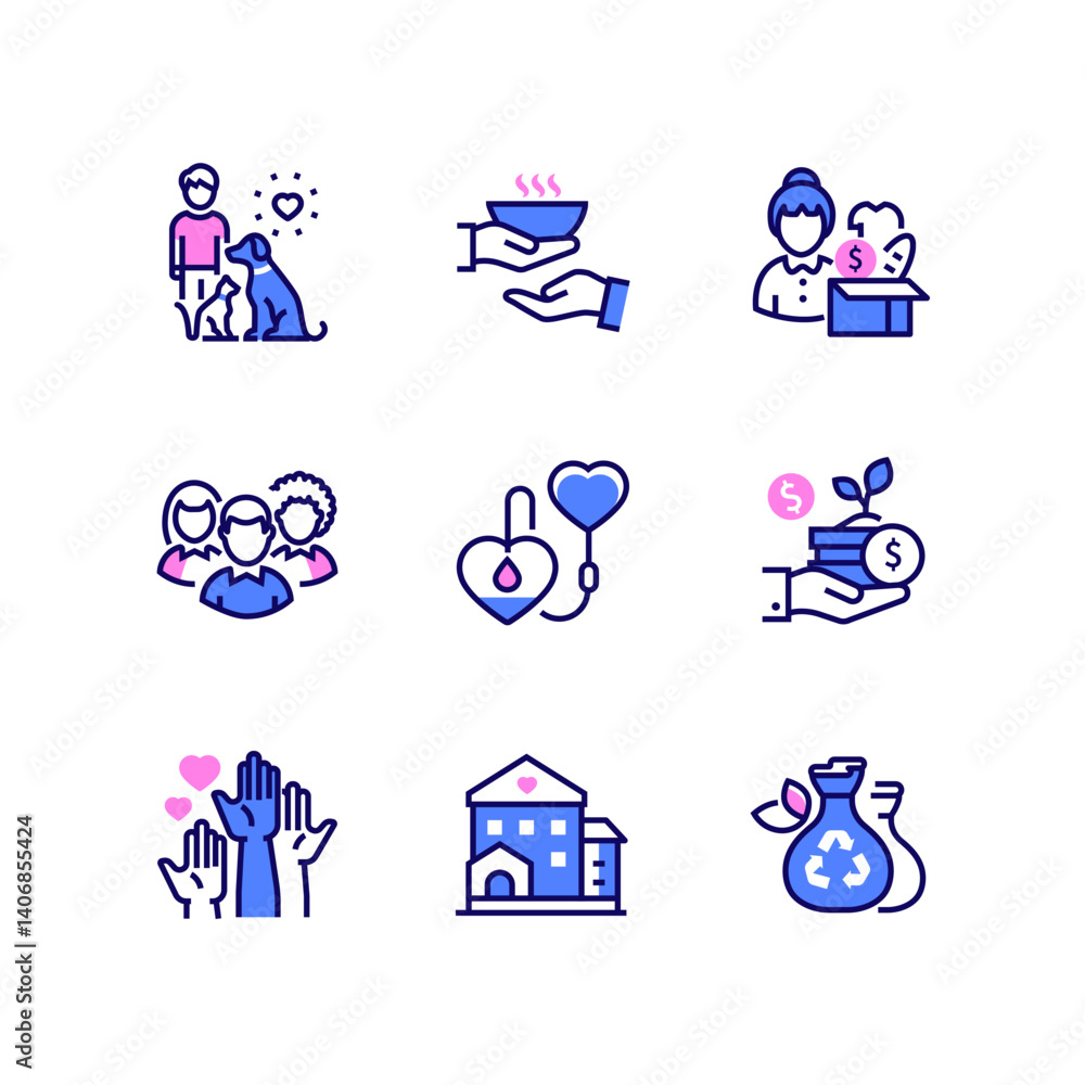 Poster volunteering and support - line design style icons set