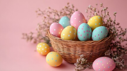 Naklejka premium Easter Eggs in a Basket on a Soft Pink Background with a Playful Twist