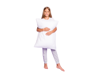 Full length photo of positive cheerful content kid hug hold carry pillow feel dreamy wakeup in morning wear white t-shirt pajama pants isolated over violet purple color background