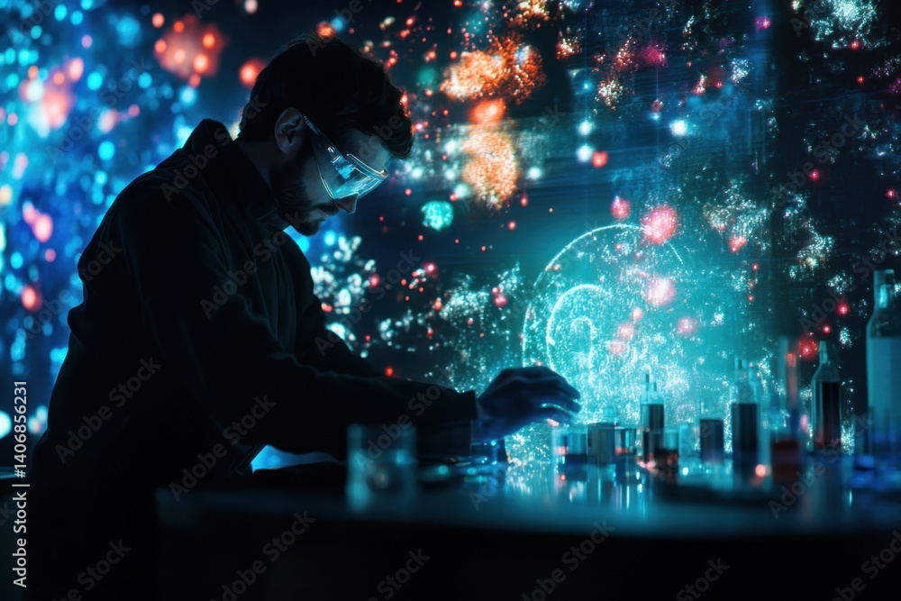 Aufkleber scientist conducts experiments with glowing substances in a dark laboratory setting