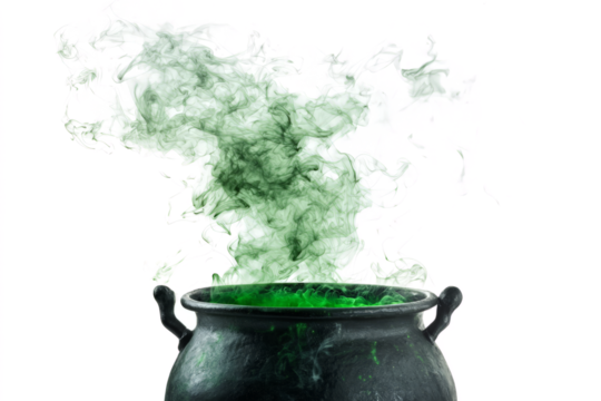 Witch’s cauldron bubbling with green magic smoke, dark fantasy aura, isolated on white