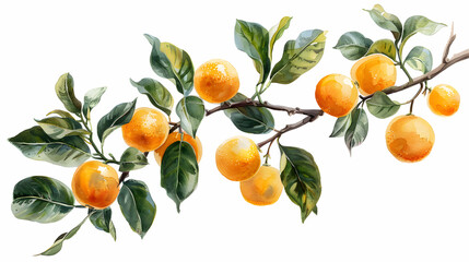 Watercolor painting of a branch with oranges and green leaves against a white background art print