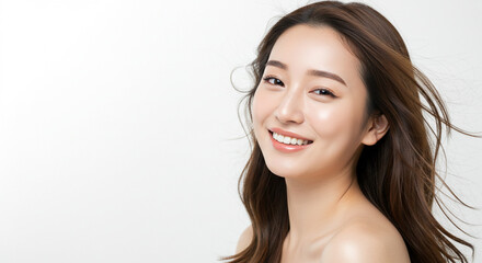 髪を風になびかせ振り向く若い女性（美容、ビューティー、化粧品、、スキンケア、健康）