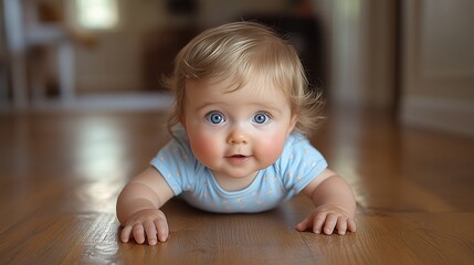 Adorable Baby Crawling on Wooden Floor